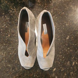 Grey suede Halogen peep toe pumps with gold stud accents